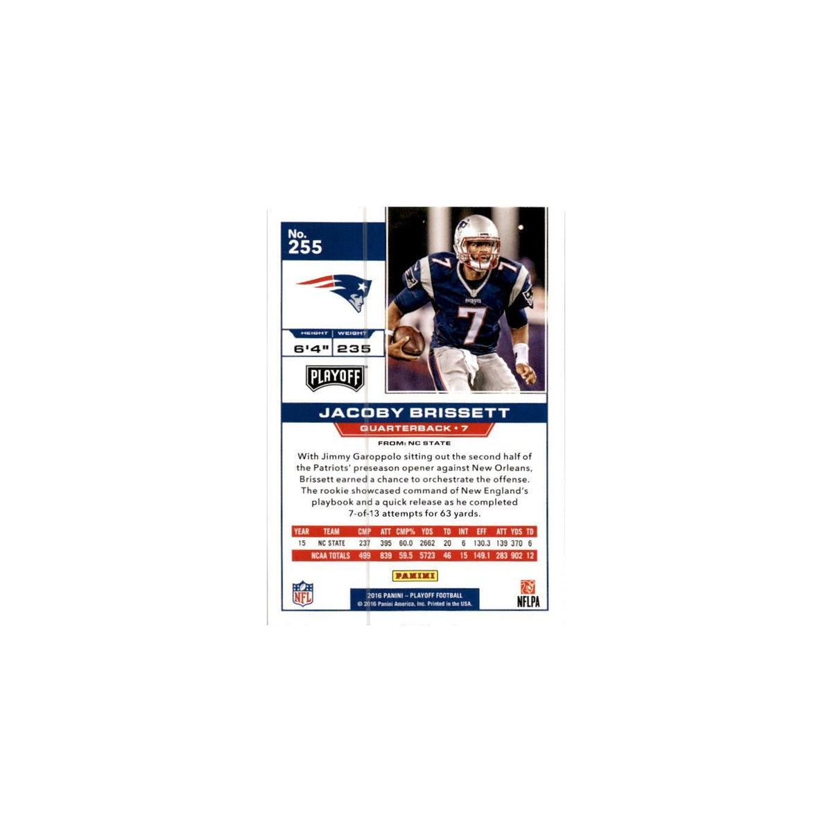 Jacoby Brissett Rookie 2016 Panini Playoff #255 New England Patriots NM