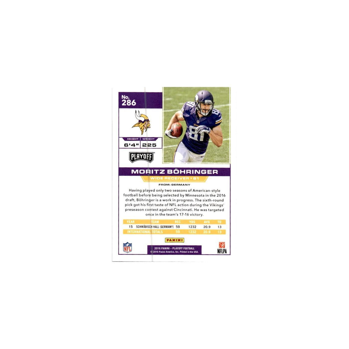 Moritz Bohringer Rookie 2016 Panini Playoff #286 Minnesota Vikings NM