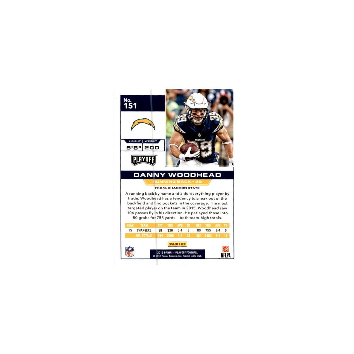 Danny Woodhead 2016 Panini Playoff #151 San Diego Chargers Football Card NM