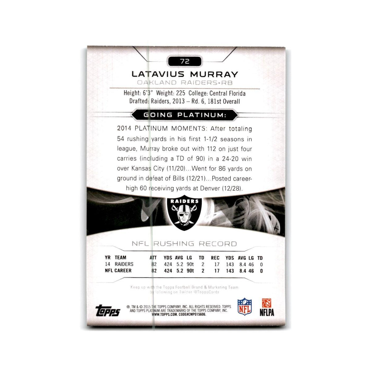 Latavius Murray 2015 Topps Platinum #72 Oakland Raiders Football Card NM