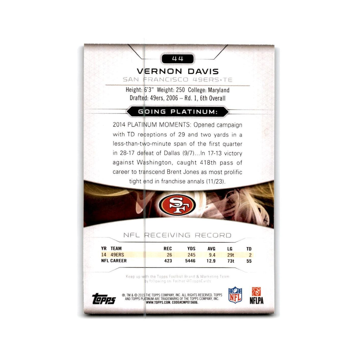 Vernon Davis 2015 Topps Platinum #44 San Francisco 49ers Football Card NM