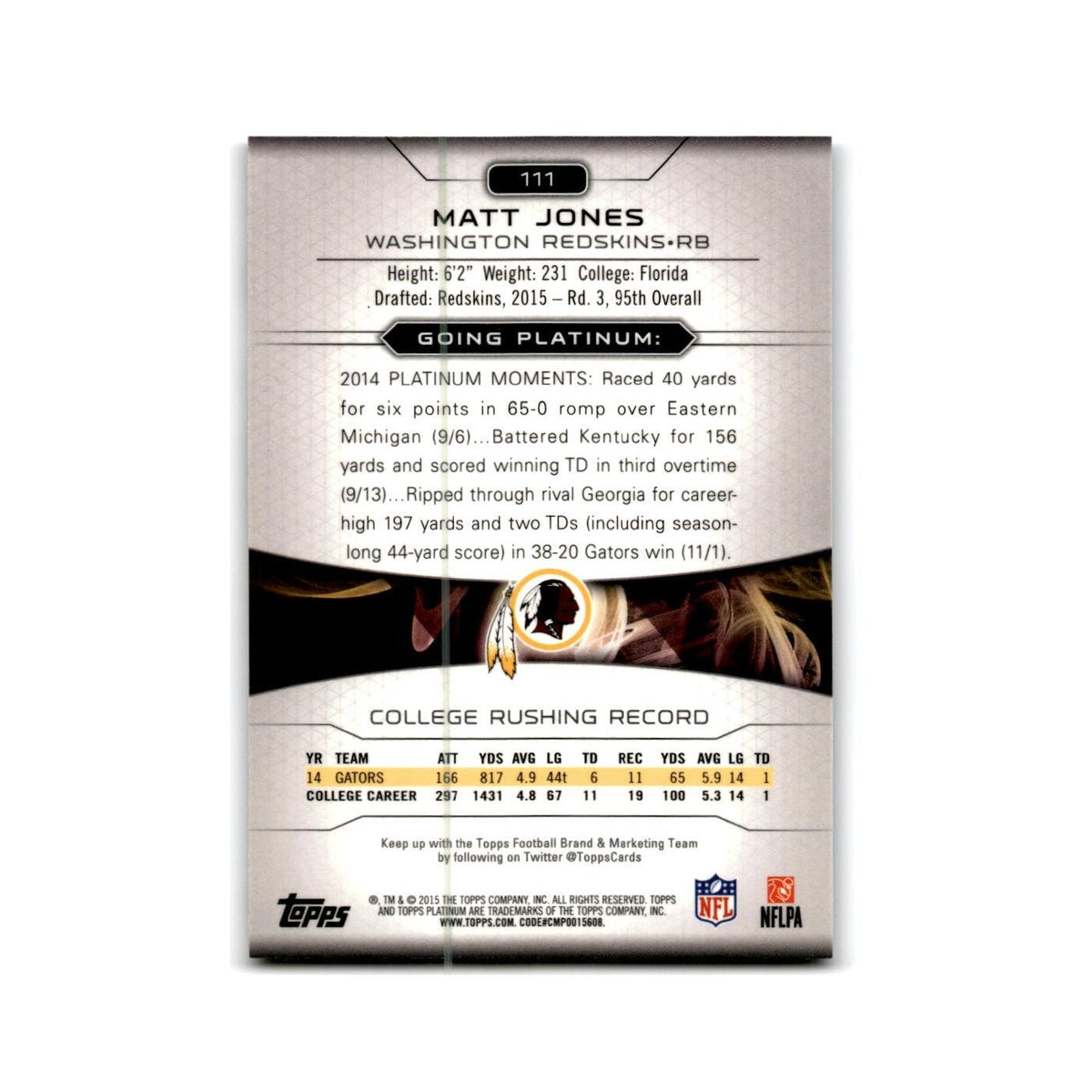 Matt Jones Rookie 2015 Topps Platinum #111 Washington Redskins Football Card NM