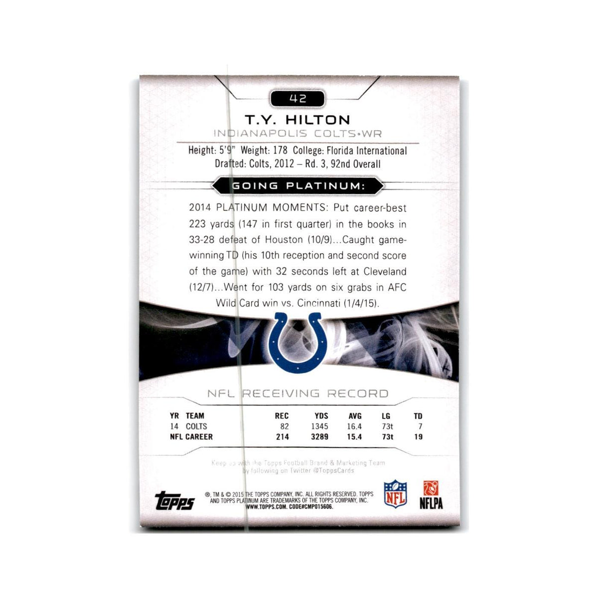 T.Y. Hilton 2015 Topps Platinum #42 Indianapolis Colts Football Card NM