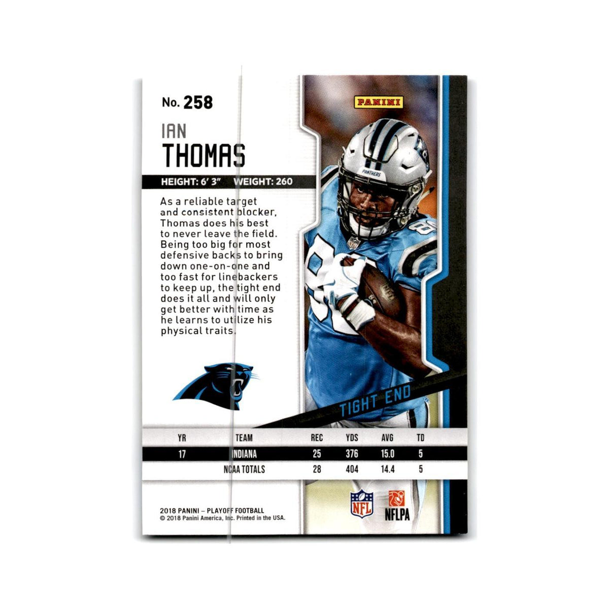 Ian Thomas Rookie 2018 Panini Playoff #258 Carolina Panthers Football Card NM