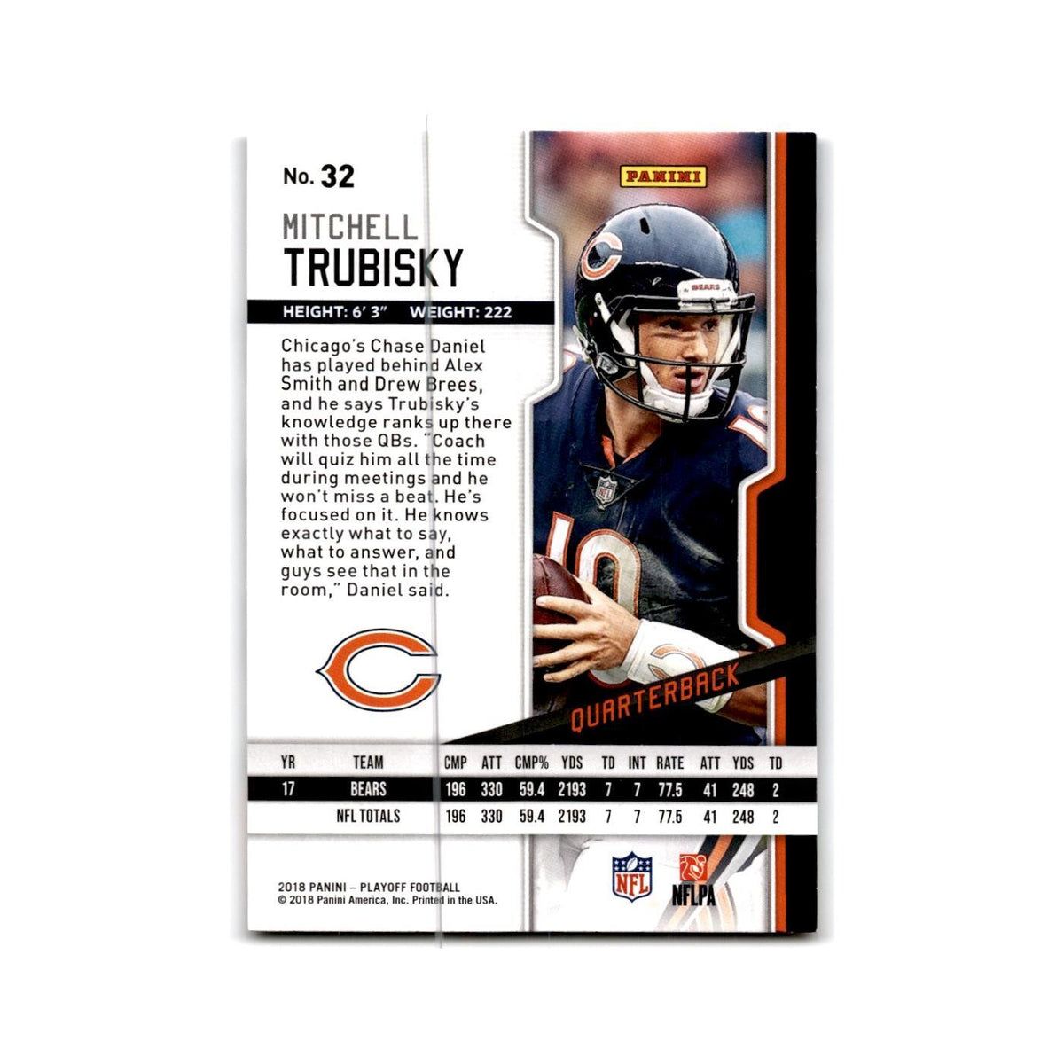 Mitchell Trubisky 2018 Panini Playoff #32 Chicago Bears Football Card NM