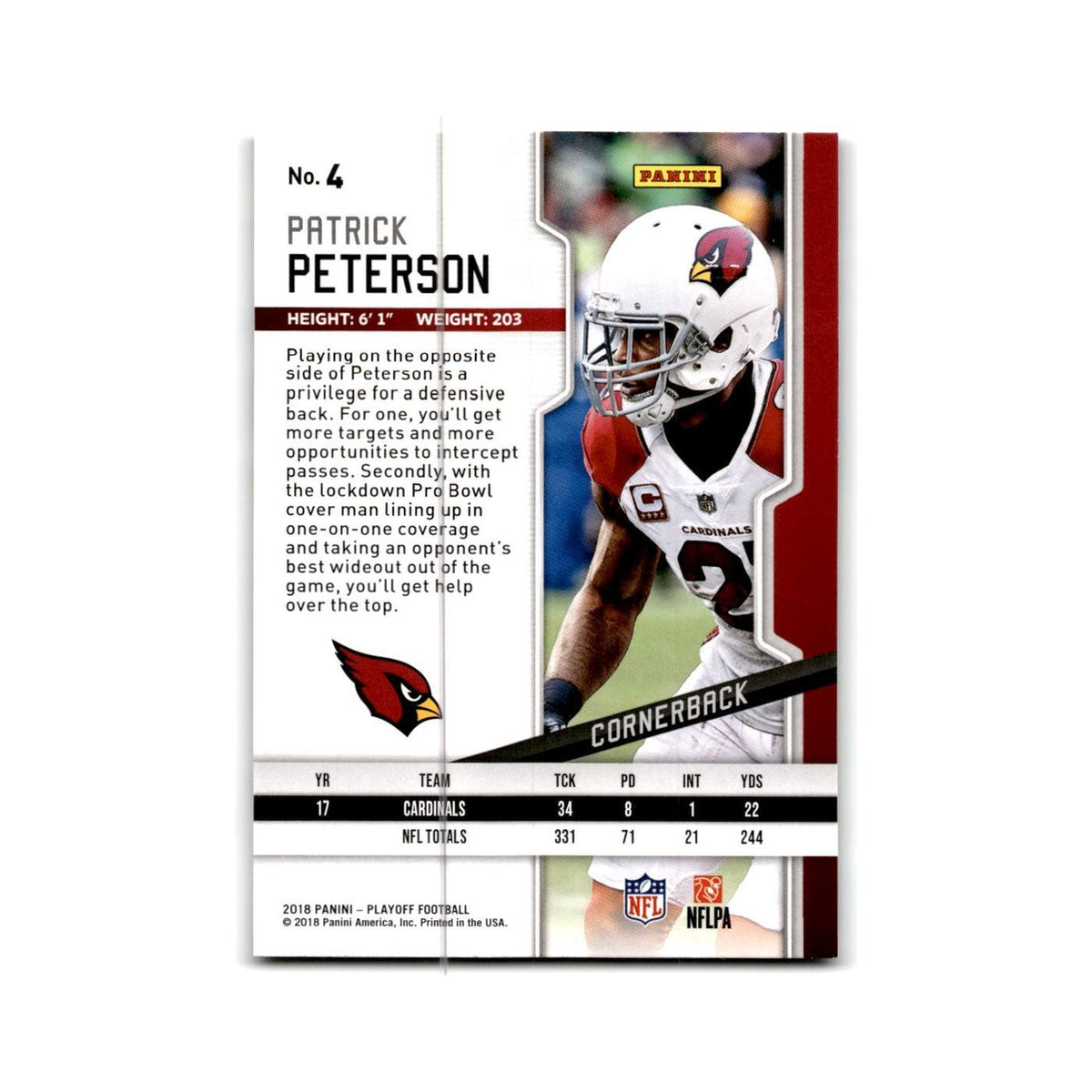 Patrick Peterson 2018 Panini Playoff #4 Arizona Cardinals Football Card NM