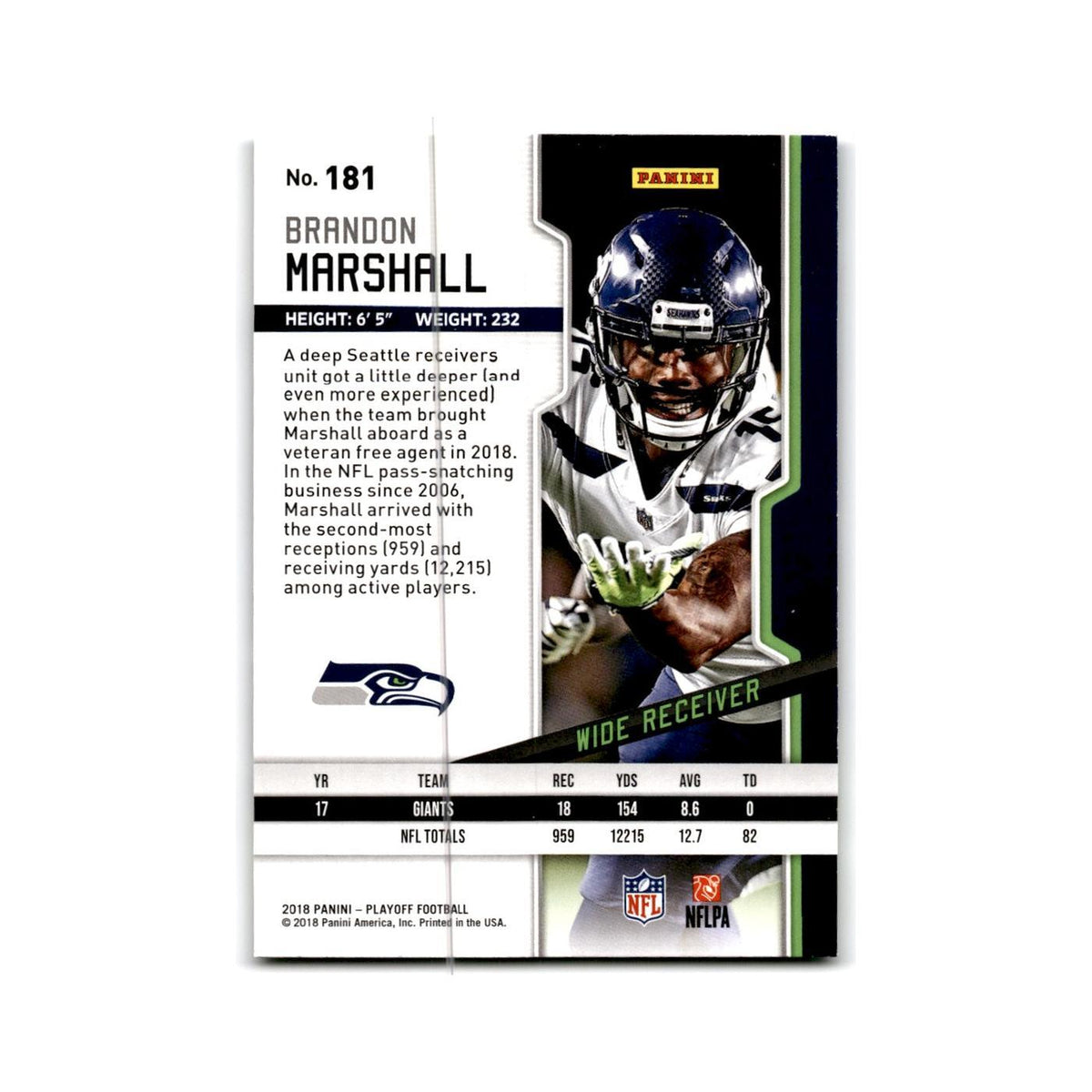 Brandon Marshall 2018 Panini Playoff #181 Seattle Seahawks Football Card NM