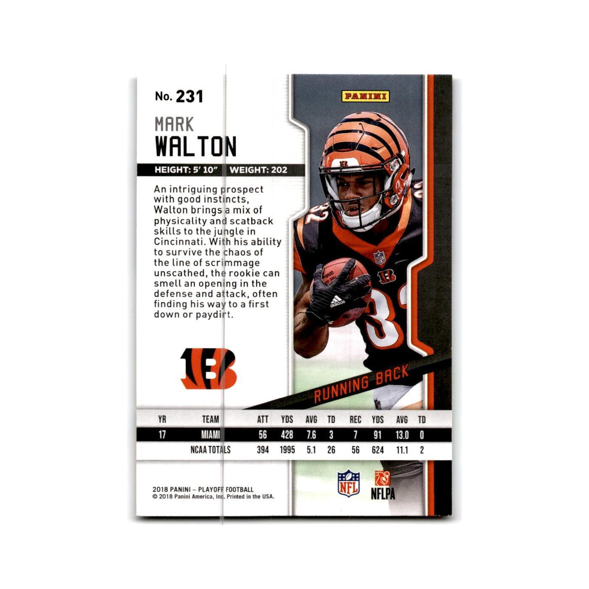 Mark Walton Rookie 2018 Panini Playoff #231 Cincinnati Bengals Football Card NM