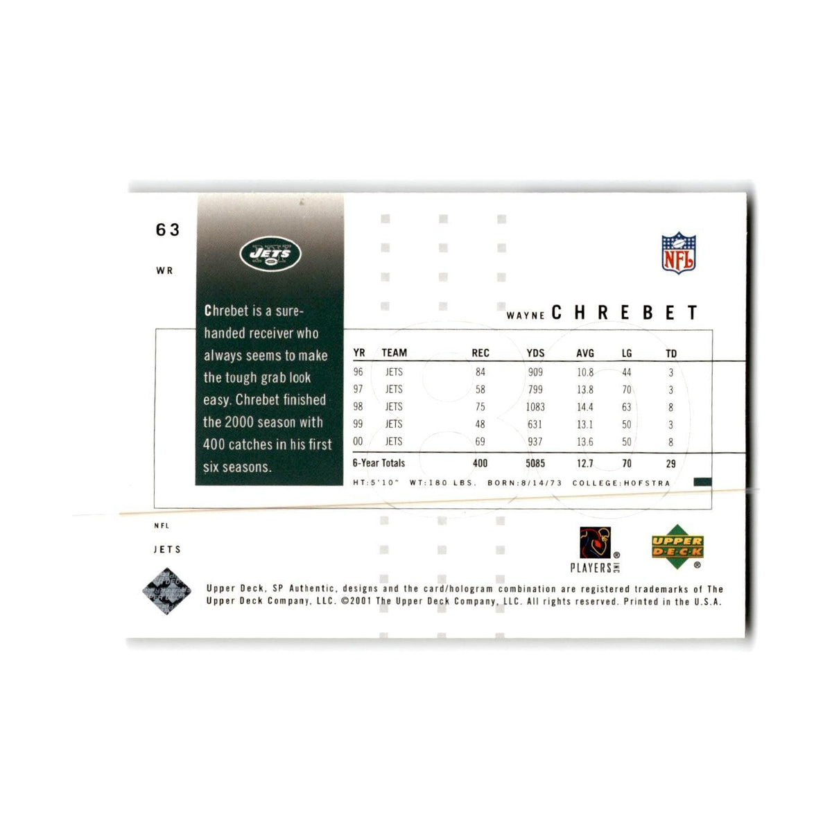 Wayne Chrebet 2001 SP Authentic #63 New York Jets Football Card NM