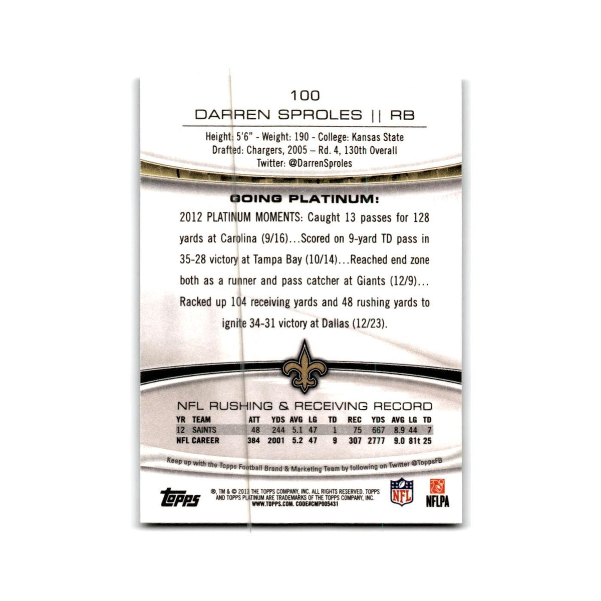 Darren Sproles 2013 Topps Platinum #100 New Orleans Saints Football Card NM