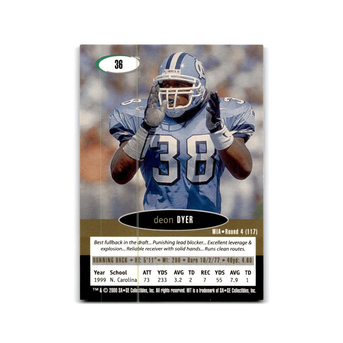 Deon Dyer 2000 SAGE HIT NRG #36 North Carolina Tar Heels Football Card NM