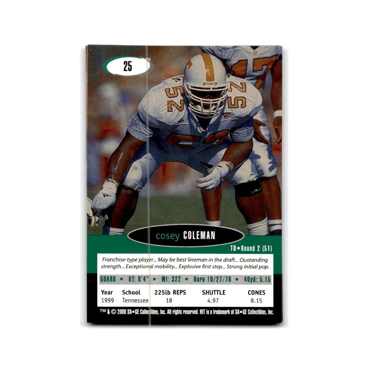 Cosey Coleman 2000 SAGE HIT #25 Tennessee Volunteers Football Card NM