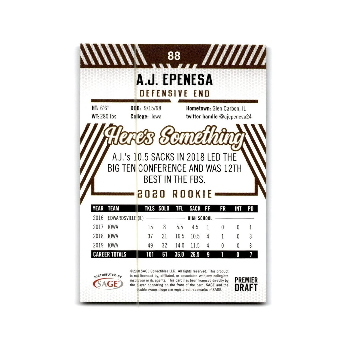 A.J. Epenesa 2020 SAGE HIT #88 Iowa Hawkeyes Football Card NM