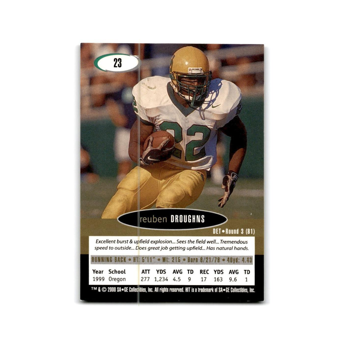 Reuben Droughns 2000 SAGE HIT NRG #23 Oregon Ducks Football Card NM