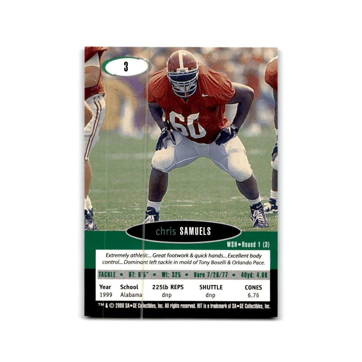 Chris Samuels 2000 SAGE HIT #3 Alabama Crimson Tide Football Card NM