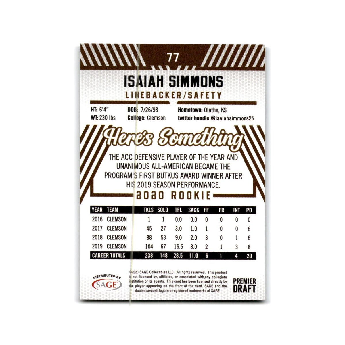 Isaiah Simmons 2020 SAGE HIT Silver #77 Clemson Tigers Football Card NM