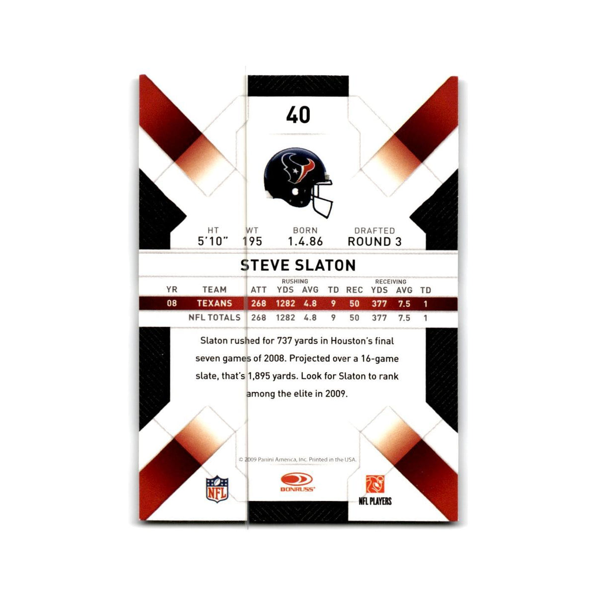 Steve Slaton 2009 Donruss Threads #40 Houston Texans Football Card NM