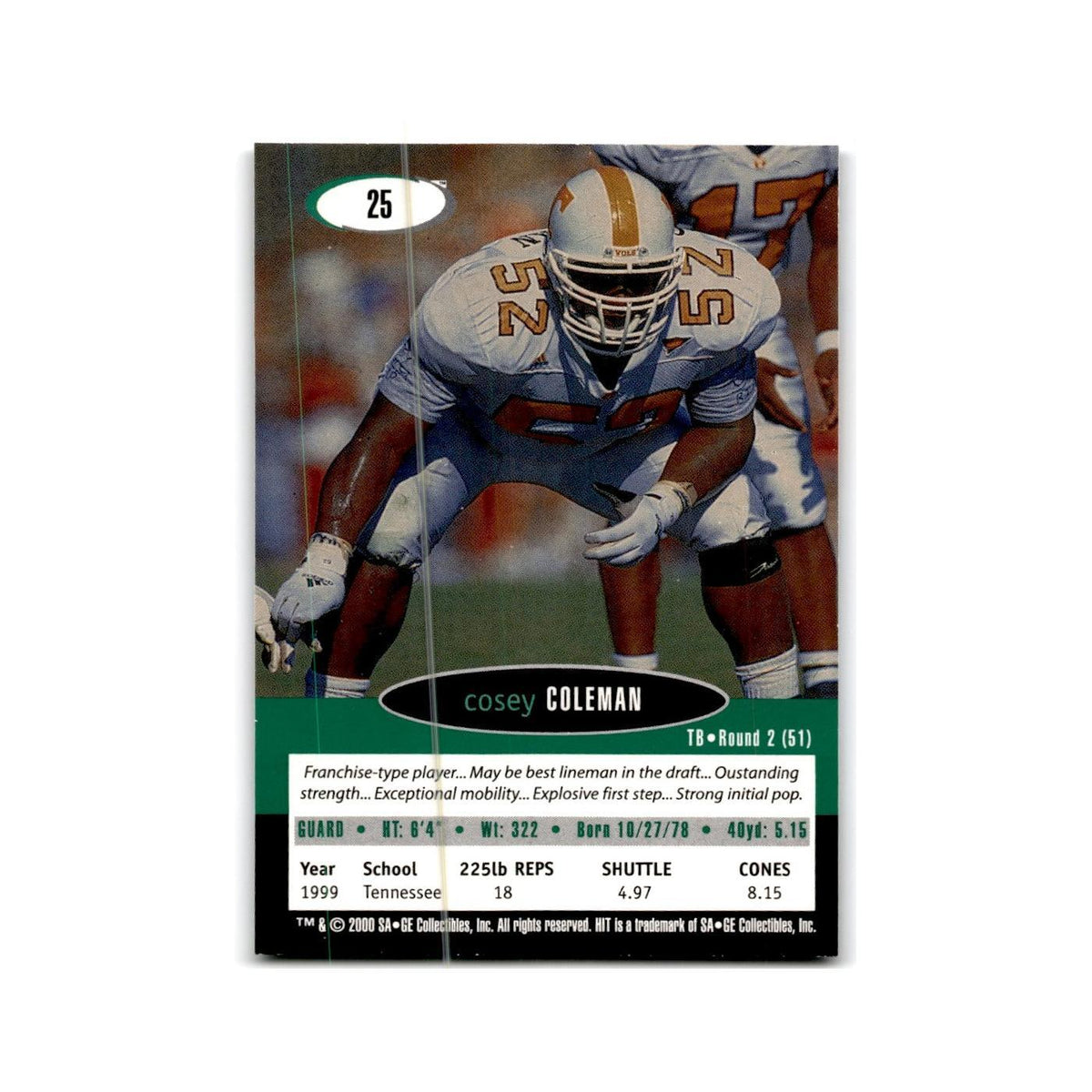 Cosey Coleman 2000 SAGE HIT #25 Tennessee Volunteers Football Card NM