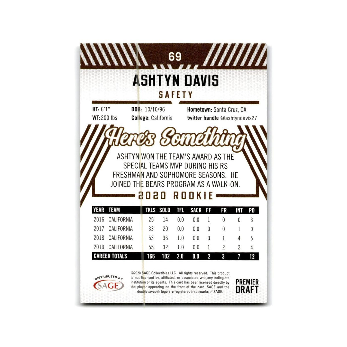 Ashtyn Davis 2020 SAGE HIT #69 California Golden Bears Football Card NM