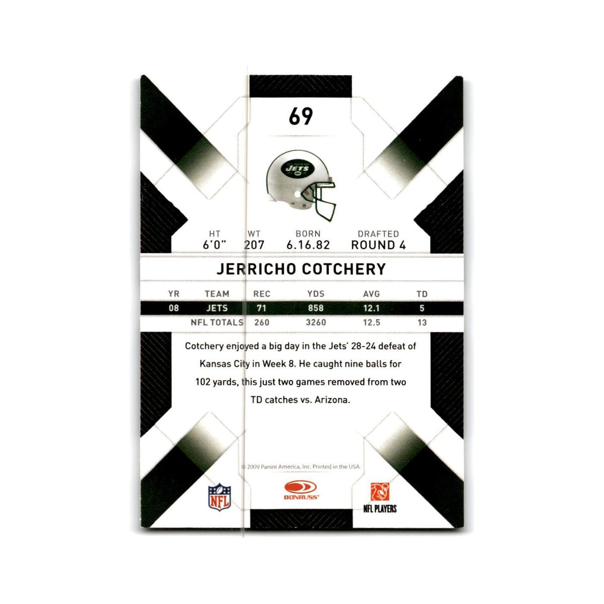 Jerricho Cotchery 2009 Donruss Threads #69 New York Jets Football Card NM