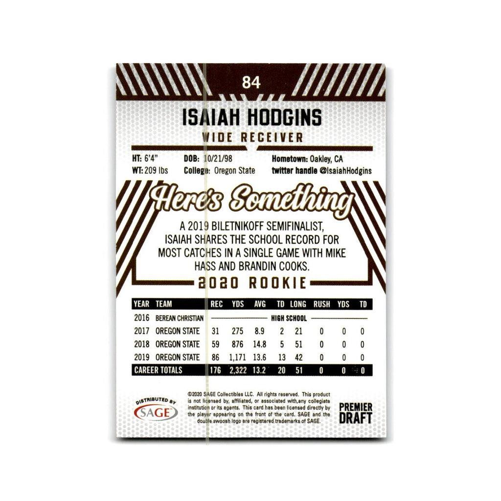 Isaiah Hodgins 2020 SAGE HIT Silver #84 Oregon State Beavers Football Card NM