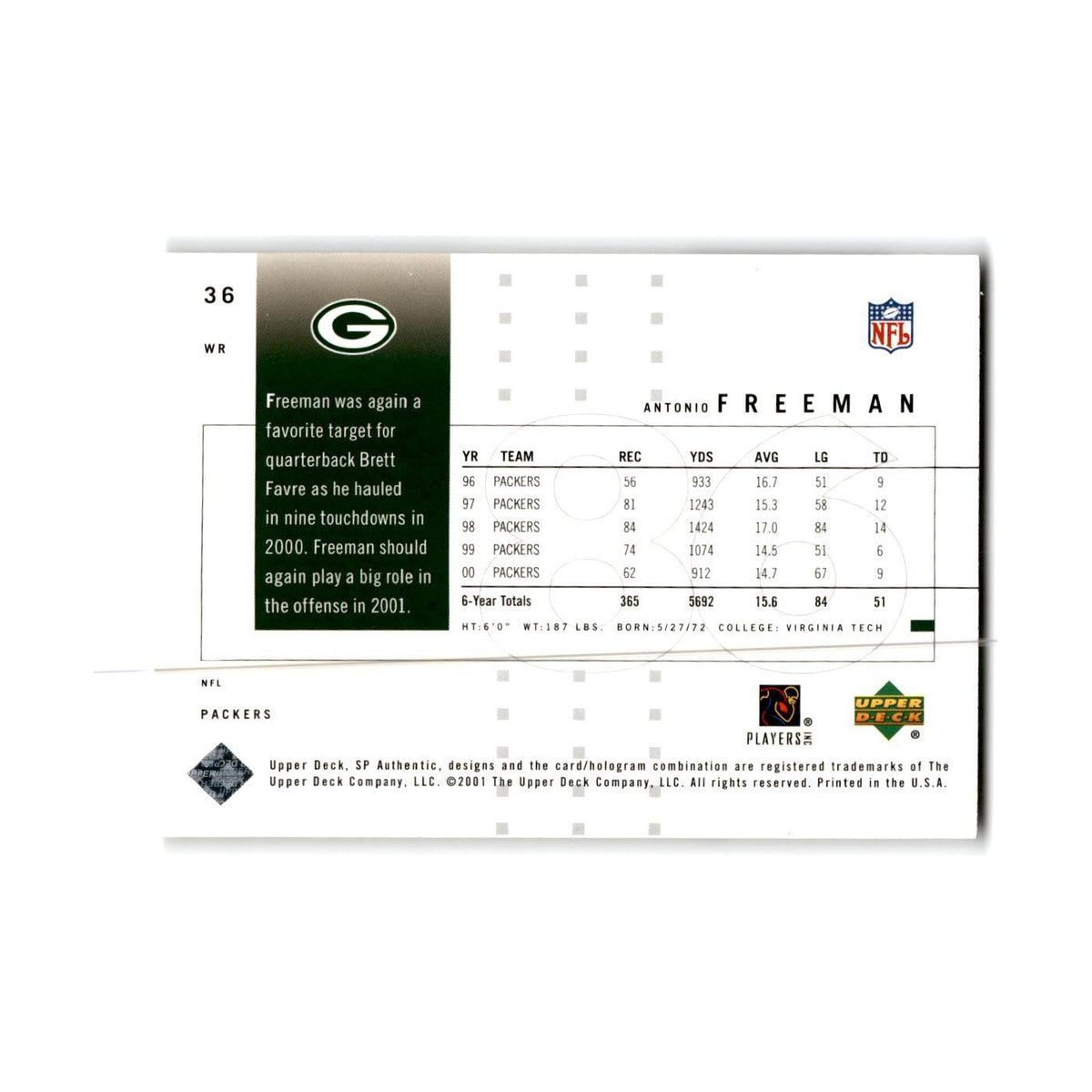 Antonio Freeman 2001 Upper Deck Ovation #36 Green Bay Packers Football Card NM