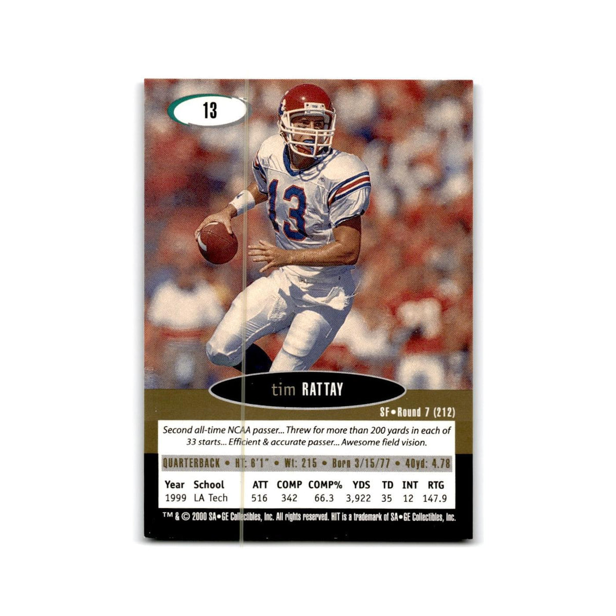 Tim Rattay 2000 SAGE HIT NRG #13 Louisiana Tech Bulldogs Football Card NM