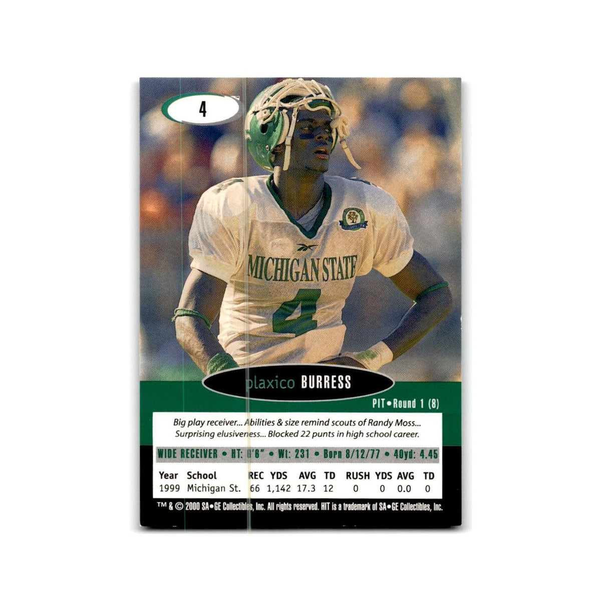 Plaxico Burress 2000 SAGE HIT #4 Michigan State Spartans Football Card NM