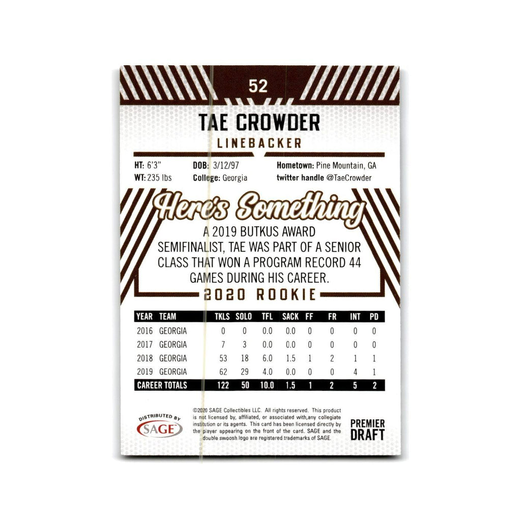 Tae Crowder 2020 SAGE HIT #52 Georgia Bulldogs Football Card NM