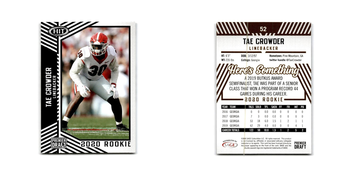 Tae Crowder 2020 SAGE HIT #52 Georgia Bulldogs Football Card NM