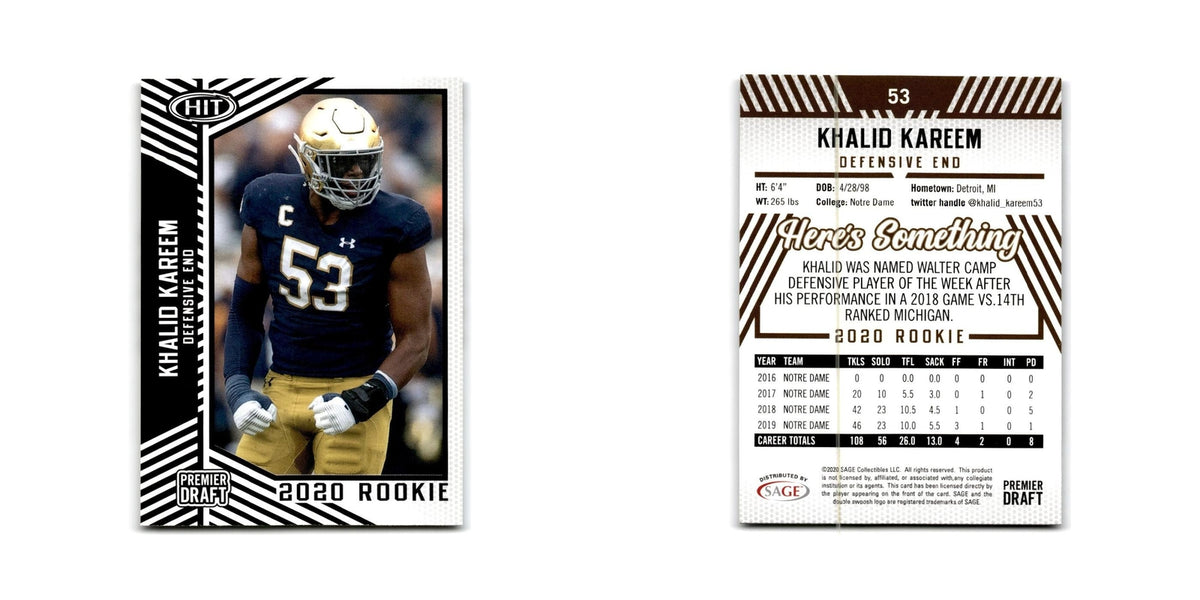 Khalid Kareem 2020 SAGE HIT #53 Notre Dame Fighting Irish Football Card NM