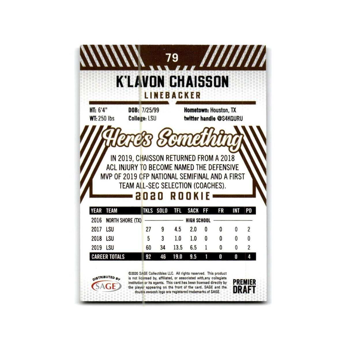 K'lavon Chaisson 2020 SAGE HIT Silver #79 LSU Tigers Football Card NM