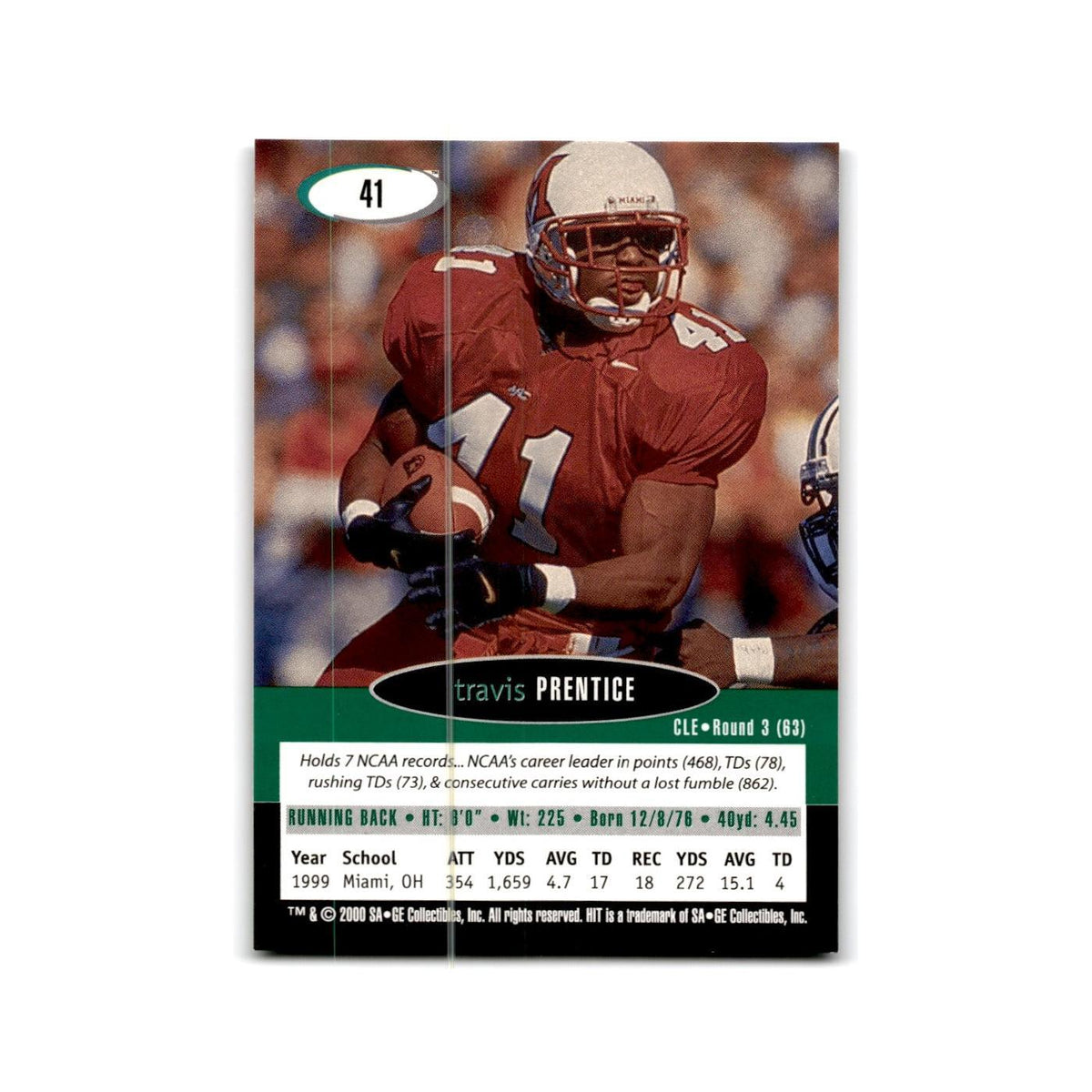 Travis Prentice 2000 SAGE HIT #41 Miami Ohio RedHawks Football Card NM