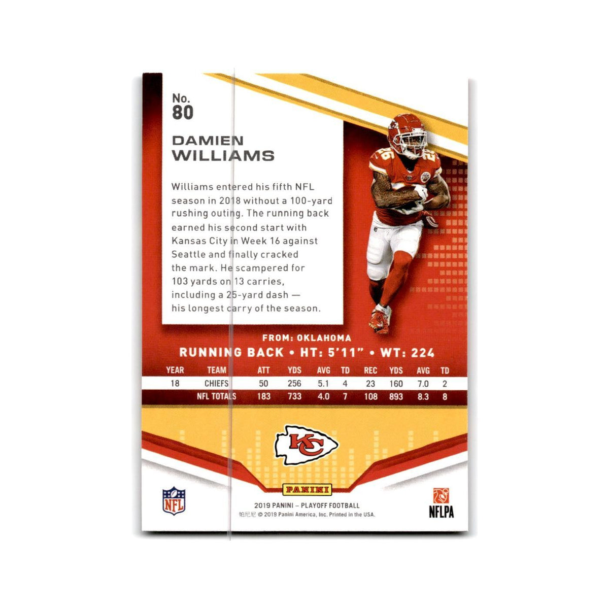 Damien Williams 2019 Panini Playoff Red Zone #80 Kansas City Chiefs NM