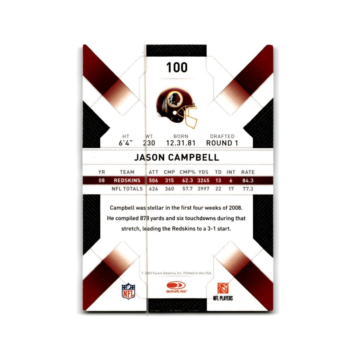 Jason Campbell 2009 Donruss Threads #100 Washington Redskins Football Card NM
