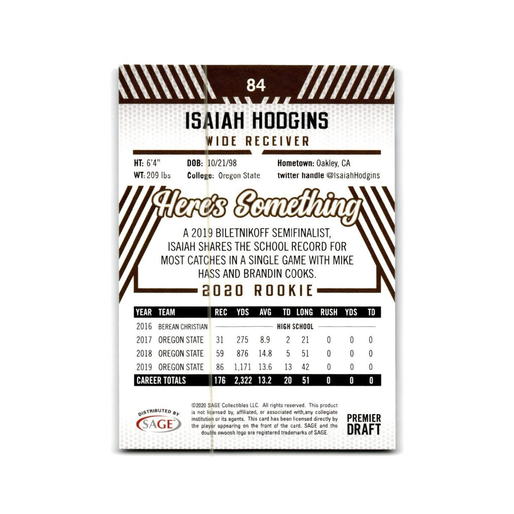 Isaiah Hodgins 2020 SAGE HIT #84 Oregon State Beavers Football Card NM