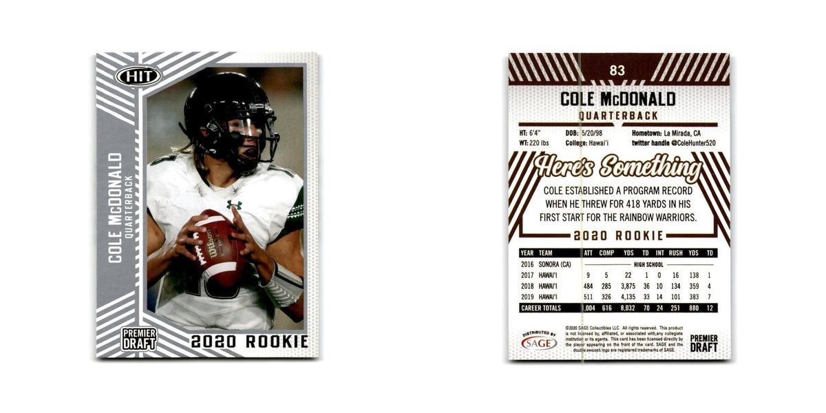 Cole McDonald 2020 SAGE HIT Silver #83 Hawaii Rainbow Warriors Football Card NM