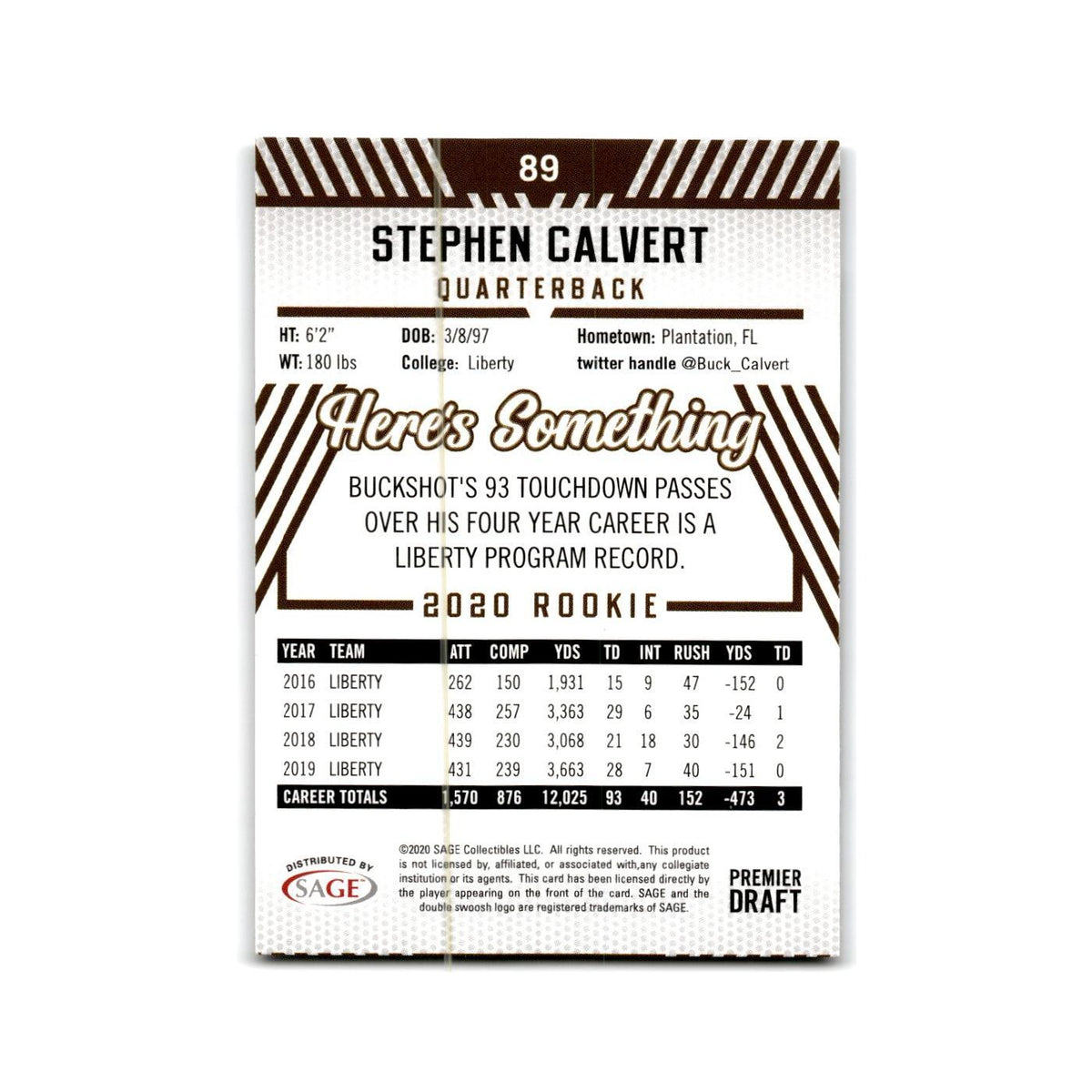 Stephen Buckshot Calvert 2020 SAGE HIT #89 Liberty Flames Football Card NM