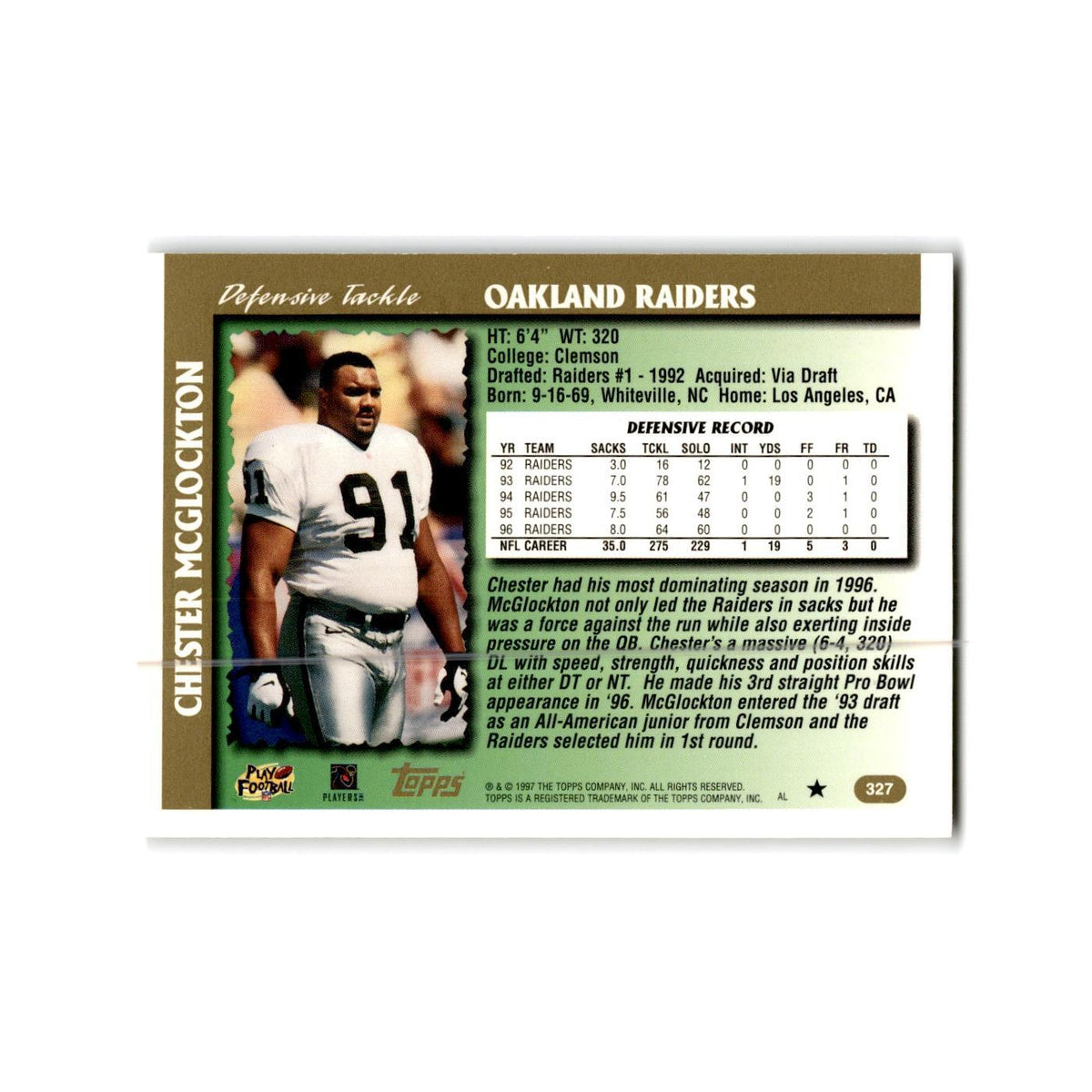 Chester McGlockton 1997 Topps #327 Oakland Raiders Football Card NM