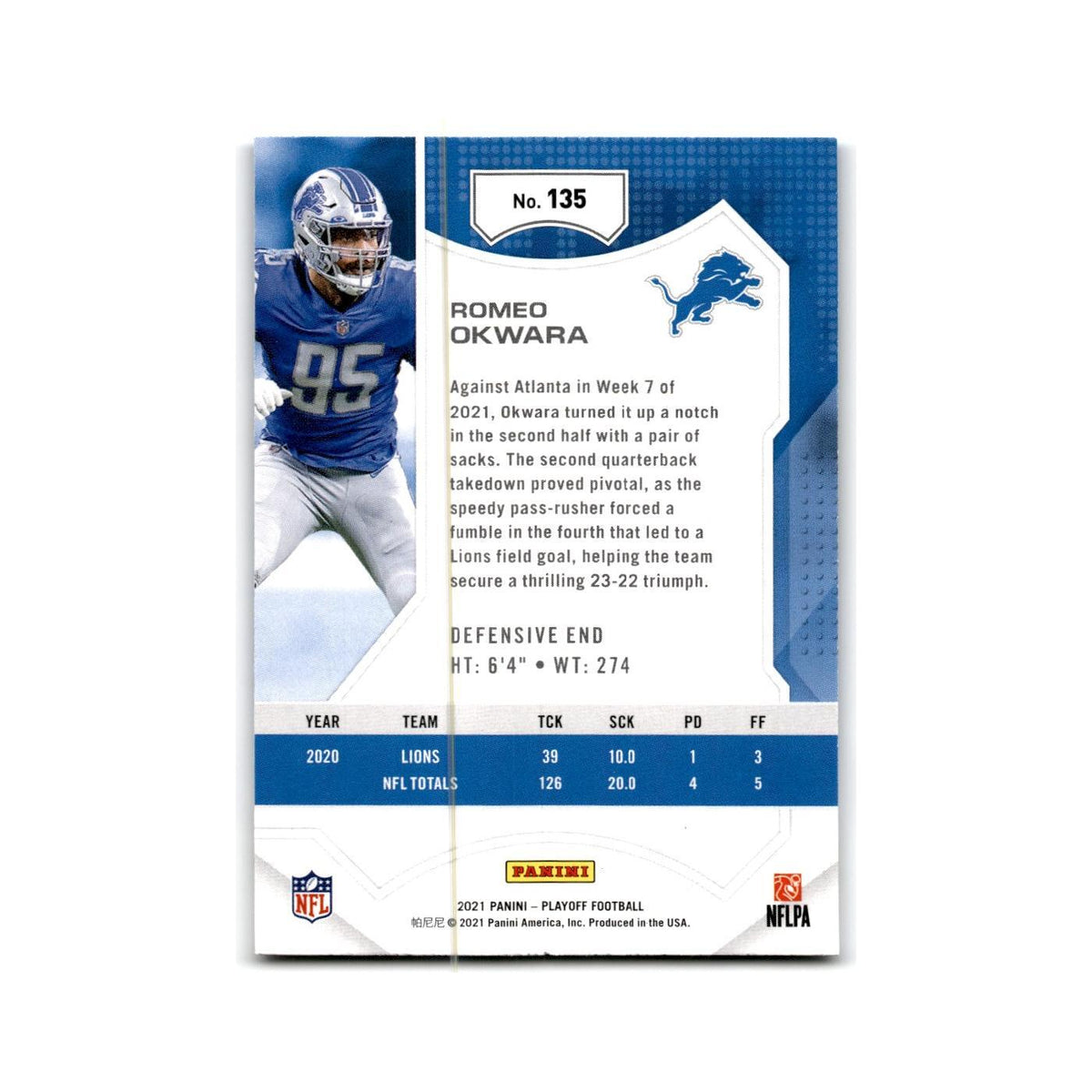 Romeo Okwara 2021 Panini Playoff #135 Detroit Lions Football Card NM