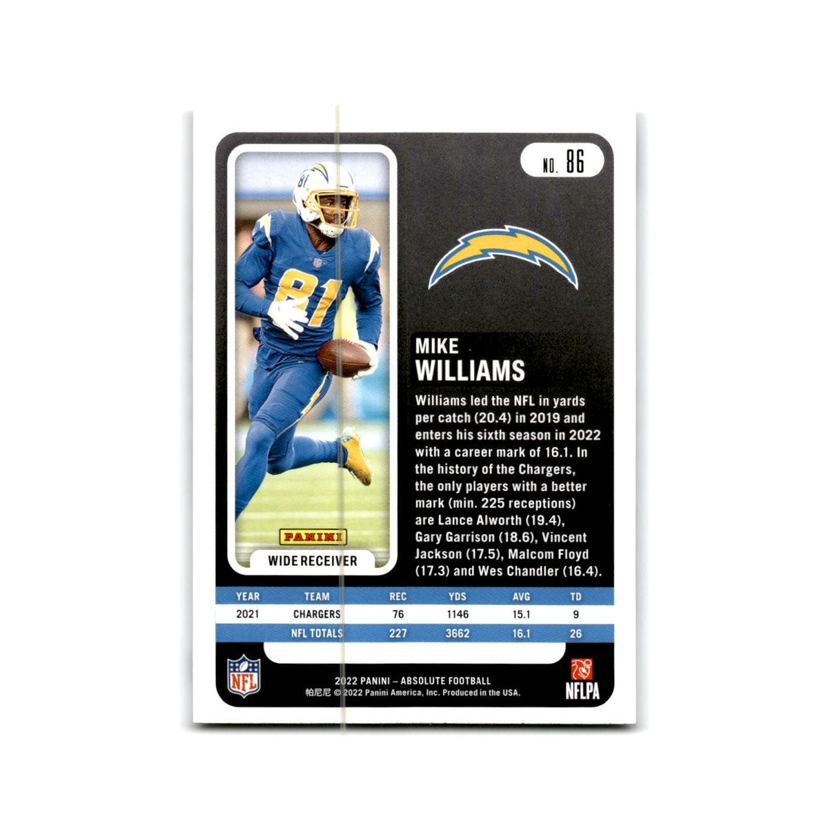 Mike Williams 2022 Panini Absolute #86 Los Angeles Chargers Football Card NM