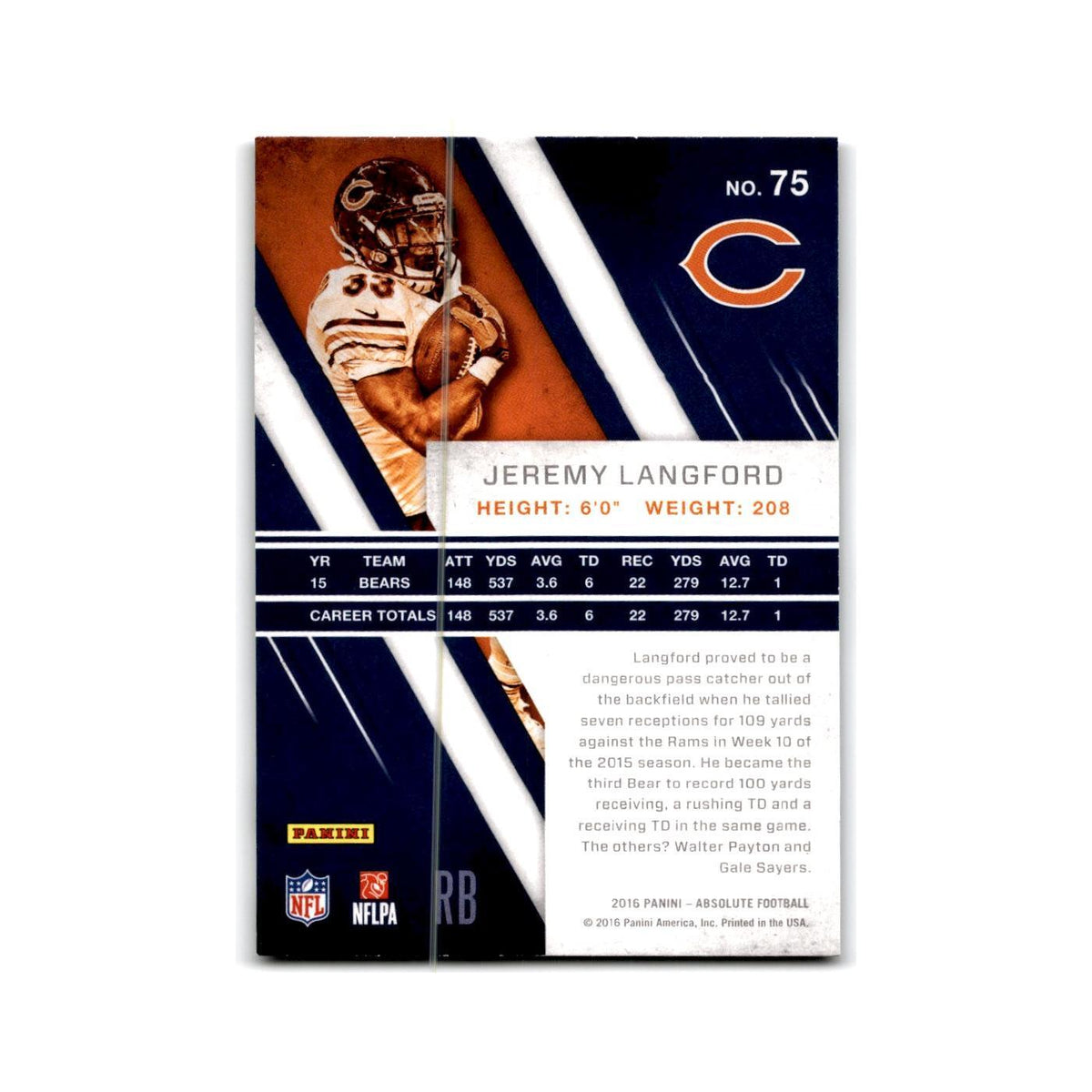 Jeremy Langford 2016 Panini Absolute #75 Chicago Bears Football Card NM