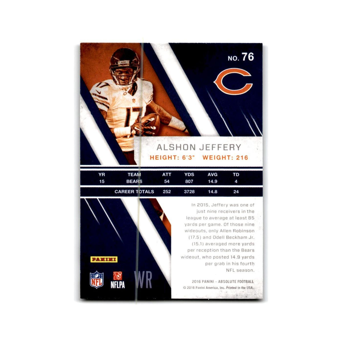 Alshon Jeffery 2016 Panini Absolute #76 Chicago Bears Football Card NM