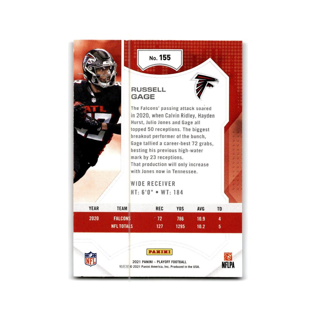 Russell Gage 2021 Panini Playoff #155 Atlanta Falcons Football Card NM