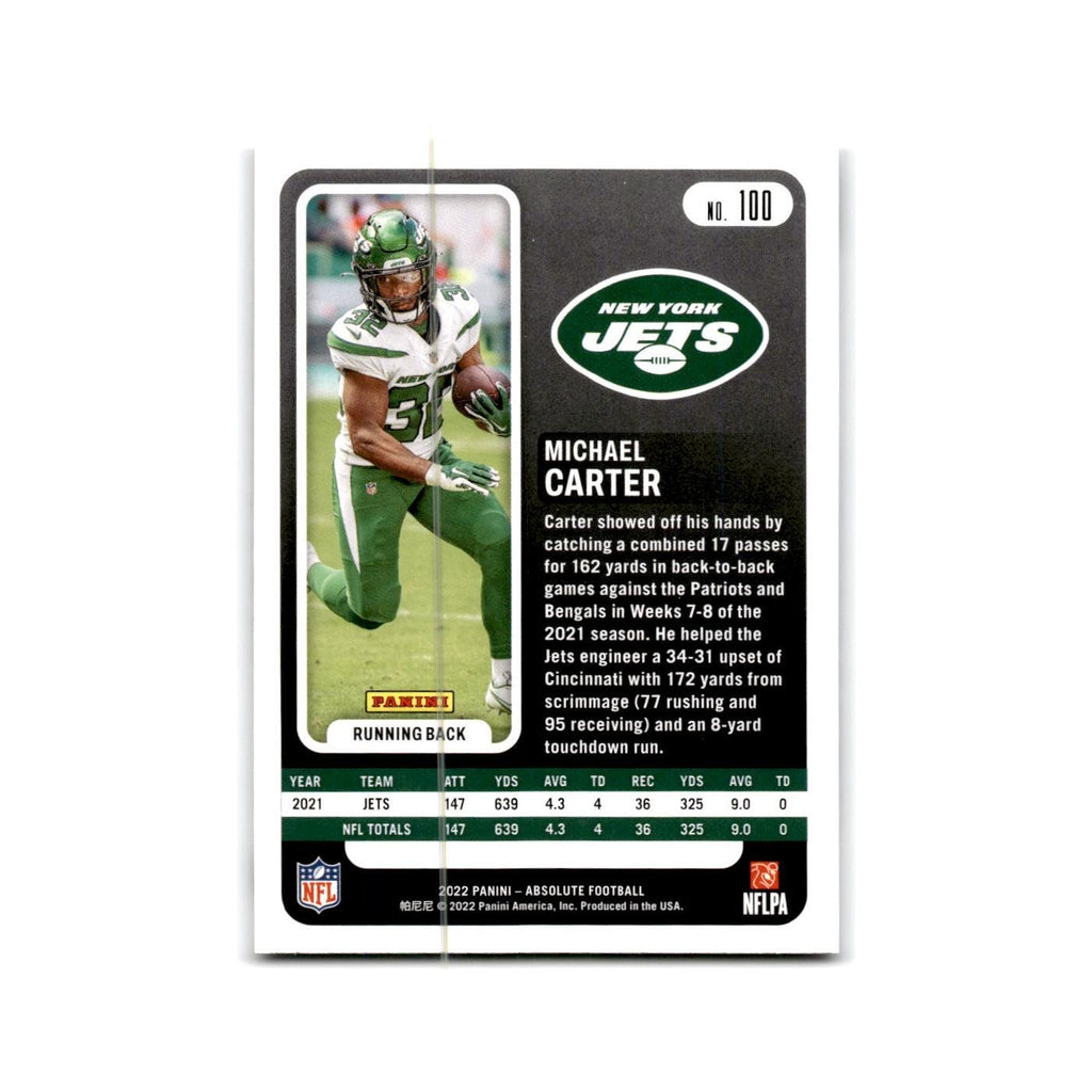 Michael Carter 2022 Panini Absolute #100 New York Jets Football Card NM