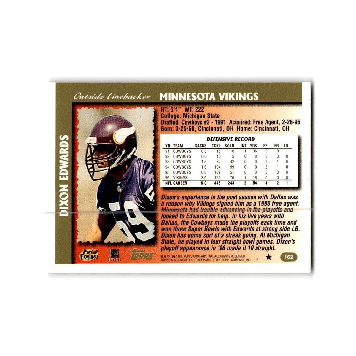 Dixon Edwards 1997 Topps #162 Minnesota Vikings Football Card NM
