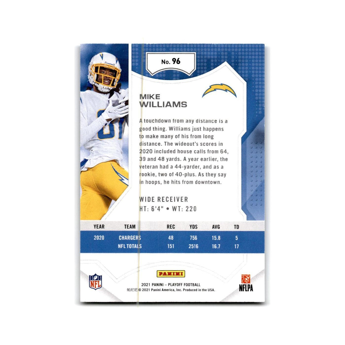 Mike Williams 2021 Panini Playoff #96 Los Angeles Chargers Football Card NM