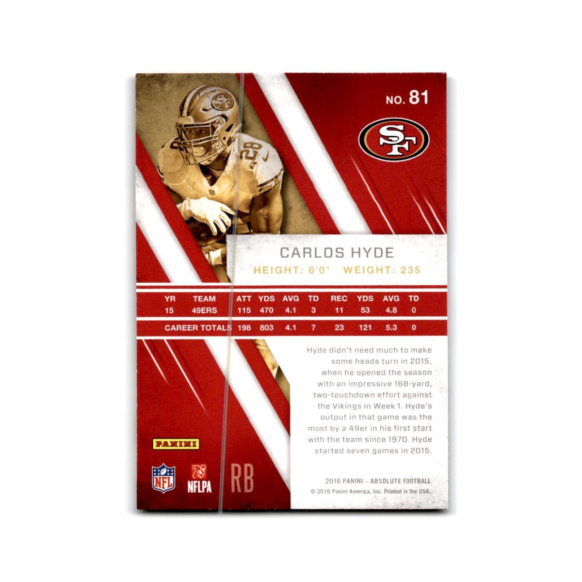 Carlos Hyde 2016 Panini Absolute #81 San Francisco 49ers Football Card NM