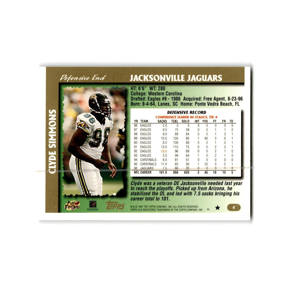 Clyde Simmons 1997 Topps #4 Jacksonville Jaguars Football Card NM