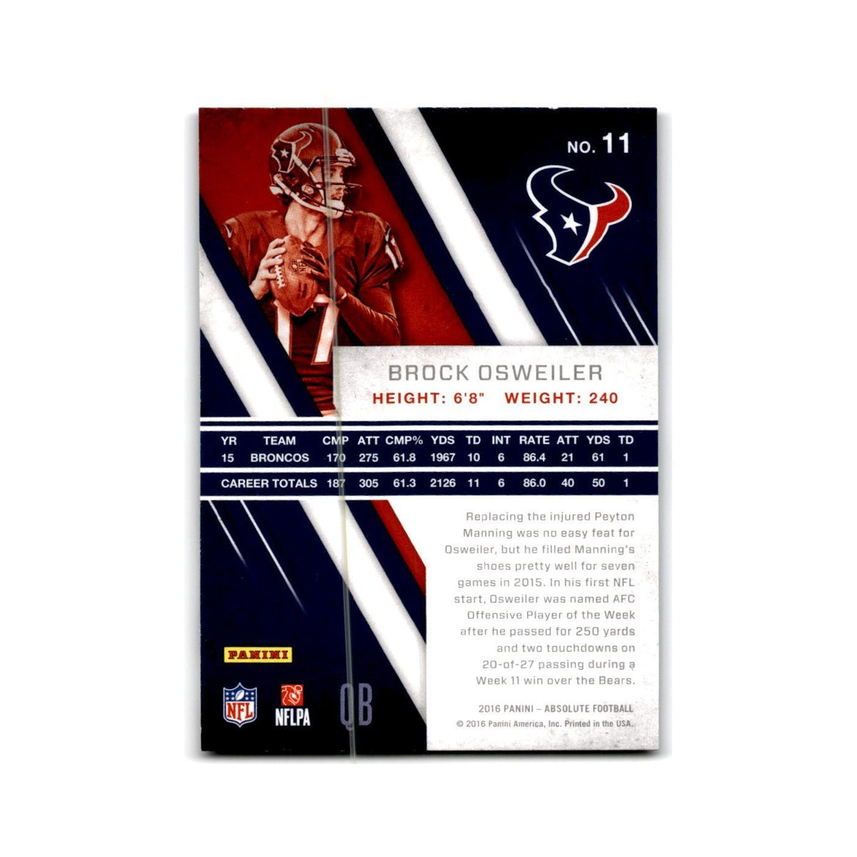 Brock Osweiler 2016 Panini Absolute #11 Houston Texans Football Card NM